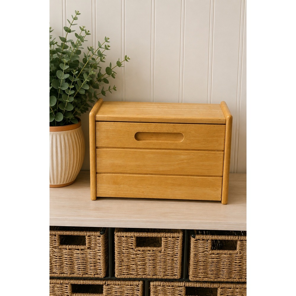 Vintage Natural Solid Wood Bread Box Countertop Kitchen Storage Bin Farmhouse